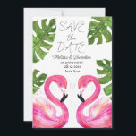 Rosa Flamingo Beach Tropical Löv Bröllop Inbjudningar<br><div class="desc">Rosa flamingo,  tropisk,  strand,  modern,  vattenfärg,  sommar,  Bröllop spara datum. Unik,  handmålad grafik av flamingo av konstnären Monika Howarth. Du kan anpassa den med dina detaljer.</div>