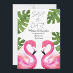 Rosa Flamingo Beach Tropical Löv Bröllop Inbjudningar<br><div class="desc">Rosa flamingo,  tropisk,  strand,  modern,  vattenfärg,  sommar,  Bröllop spara datum. Unik,  handmålad grafik av flamingo av konstnären Monika Howarth. Du kan anpassa den med dina detaljer.</div>