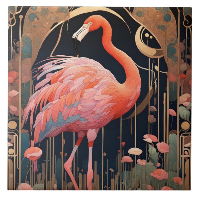 Rosa Flamingo Bird Art Deco Art nouveau Kakelplatta (Framsidan)