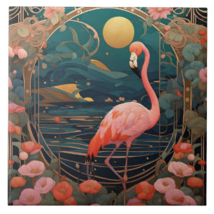 Rosa Flamingo Bird Art nouveau Art Deco Kakelplatta