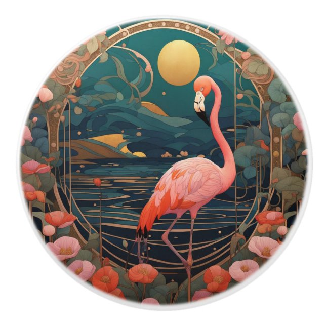 Rosa Flamingo Bird Art nouveau Art Deco Knopp (Framsidan)