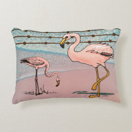 Rosa Flamingo Birds on Beach Accent Pillow Prydnadskudde