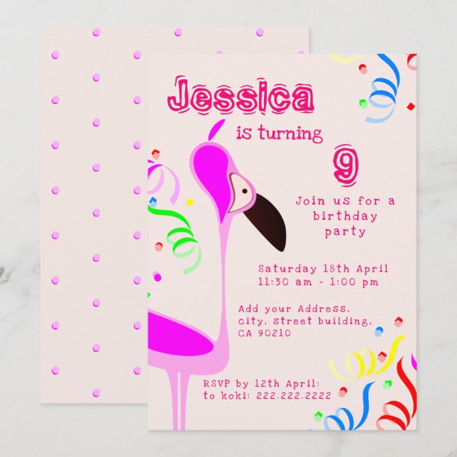 Rosa Flamingo Birthday Inbjudningar (Fram/baksida)