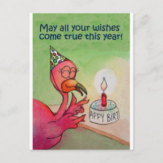 Rosa Flamingo Birthday Wish Watercolor Card Vykort