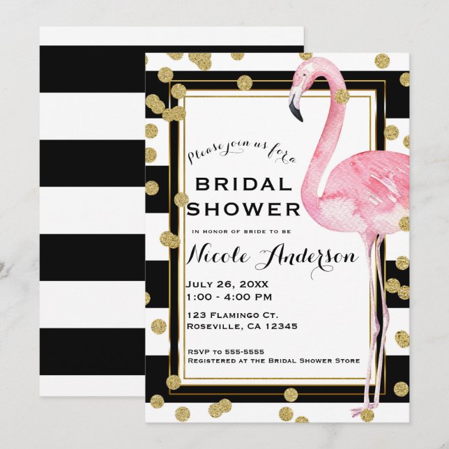 Rosa Flamingo Black White Rand & Guld Confetti Inbjudningar (Fram/baksida)
