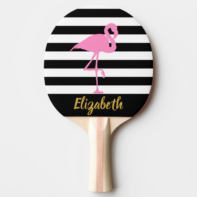 Rosa Flamingo Black & White Rand Guld Pingisracket (Framsidan)