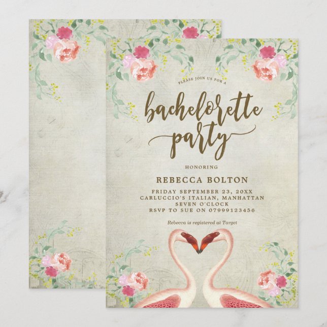 rosa flamingo blommigt bachelorett-gruppinbjudan inbjudningar (Fram/baksida)