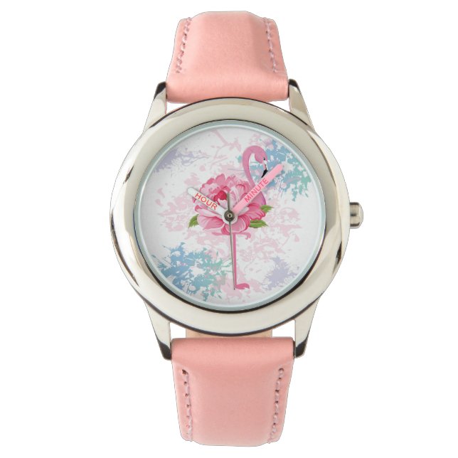 Rosa flamingo Blommigt Cute-design Armbandsur (Framsida)