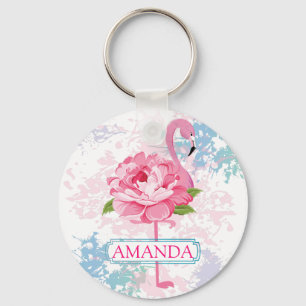 Rosa flamingo Blommigt design Monogram Nyckelring