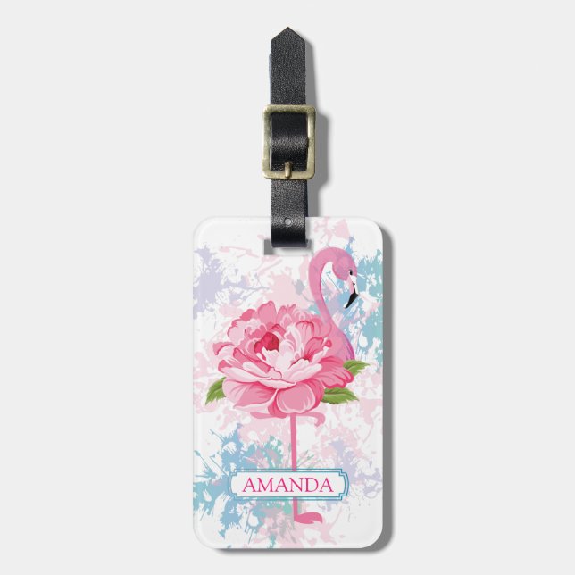 Rosa flamingo Blommigt design Personlig Bagagebricka (Vertikal Framsida)
