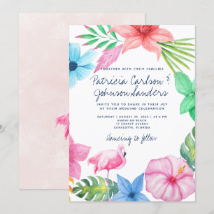 Rosa flamingo blommigt luau bröllop inbjudningar