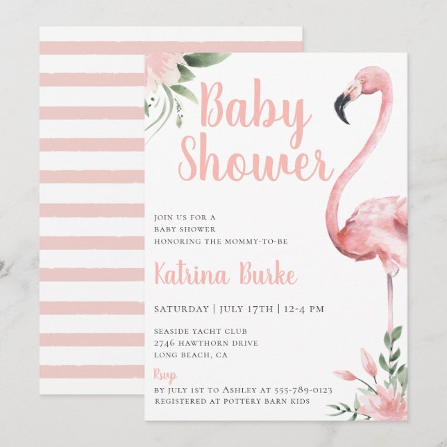 Rosa Flamingo Blommigt Tropical Theme Baby Shower Inbjudningar (Fram/baksida)