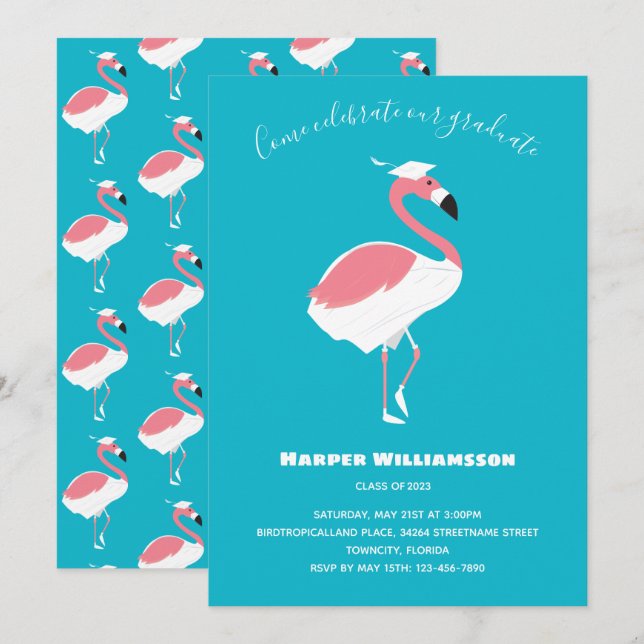 Rosa Flamingo Blue Animal Studenten Inbjudningar (Fram/baksida)