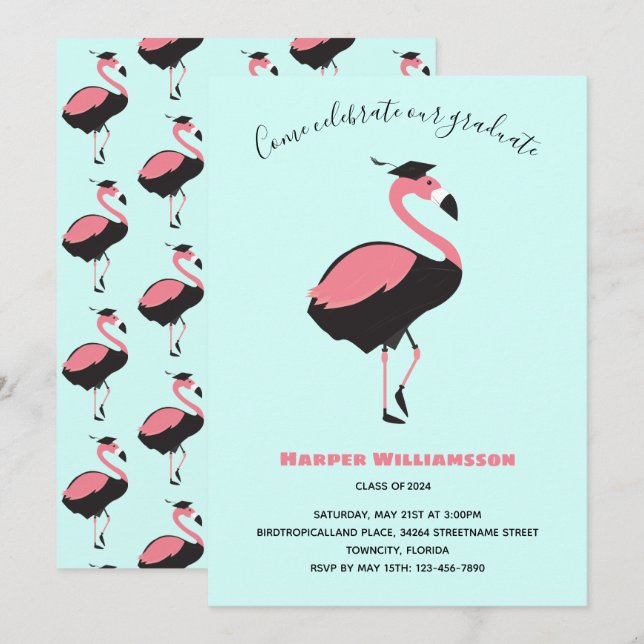 Rosa Flamingo Blue Animal Studenten Inbjudningar (Fram/baksida)