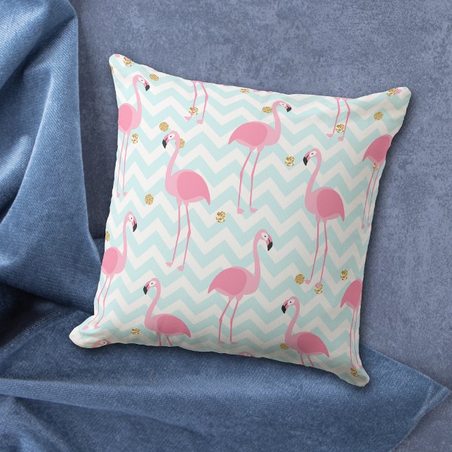 Rosa Flamingo Blue Chevron Rand Mönster Kudde (Skapare uppladdad)