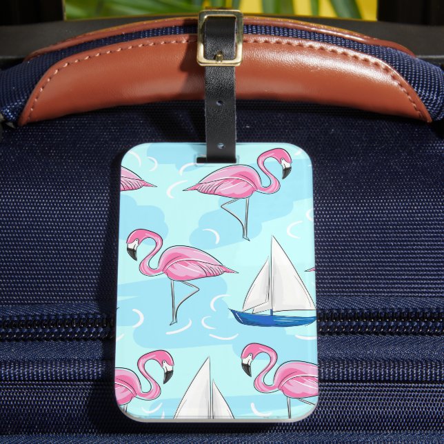 Rosa Flamingo Blue Sailboat Preppy Bagagebricka (Framsida Insitu 2)