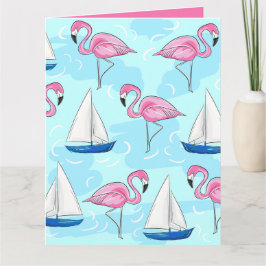 Rosa Flamingo Blue Sailboat Preppy Kort