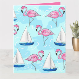Rosa Flamingo Blue Sailboat Preppy Kort