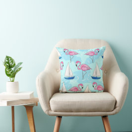 Rosa Flamingo Blue Sailboat Preppy Kudde