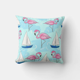 Rosa Flamingo Blue Sailboat Preppy Kudde