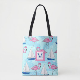 Rosa Flamingo Blue Sailboat Preppy Monogram Tygkasse