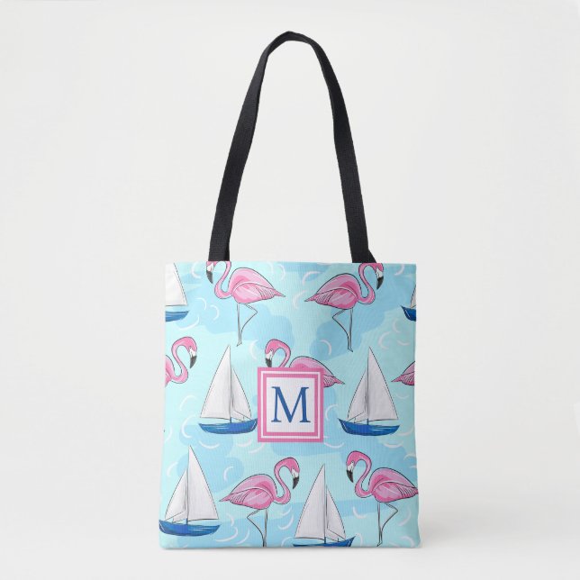Rosa Flamingo Blue Sailboat Preppy Monogram Tygkasse (Framsida)