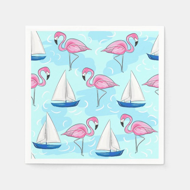 Rosa Flamingo Blue Sailboat Preppy Pappersservett (Framsidan)