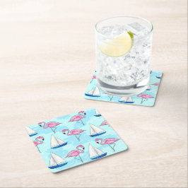 Rosa Flamingo Blue Sailboat Preppy Underlägg Papper Kvadrat