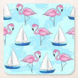 Rosa Flamingo Blue Sailboat Preppy Underlägg Papper Kvadrat