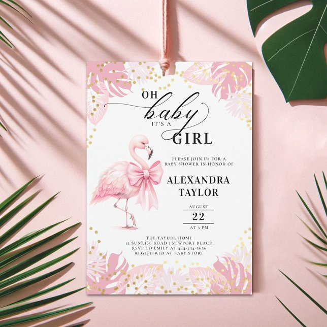 Rosa Flamingo Bow Tropical Rosa Girl Baby Shower Inbjudningar (pink flamingo girl baby shower invitation bow coquette watercolor tropical botanical foliage cute)