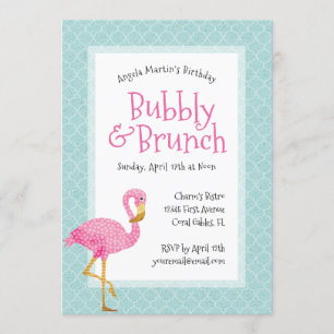Rosa Flamingo BubLY Birthday Brunch Inbjudningar