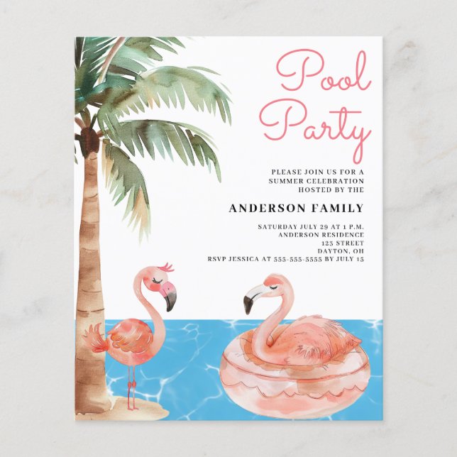 Rosa Flamingo Budget Bassäng Party bjudan Flygblad (Framsidan)