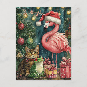 Rosa Flamingo Cat & Frog Tropisk jul Helg Vykort
