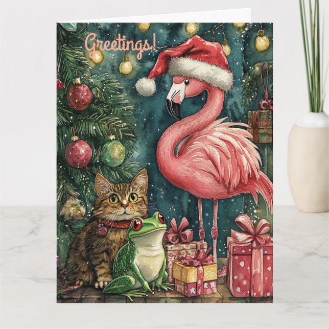 Rosa Flamingo Cat & Frog Tropisk jul Kort (Framsida)
