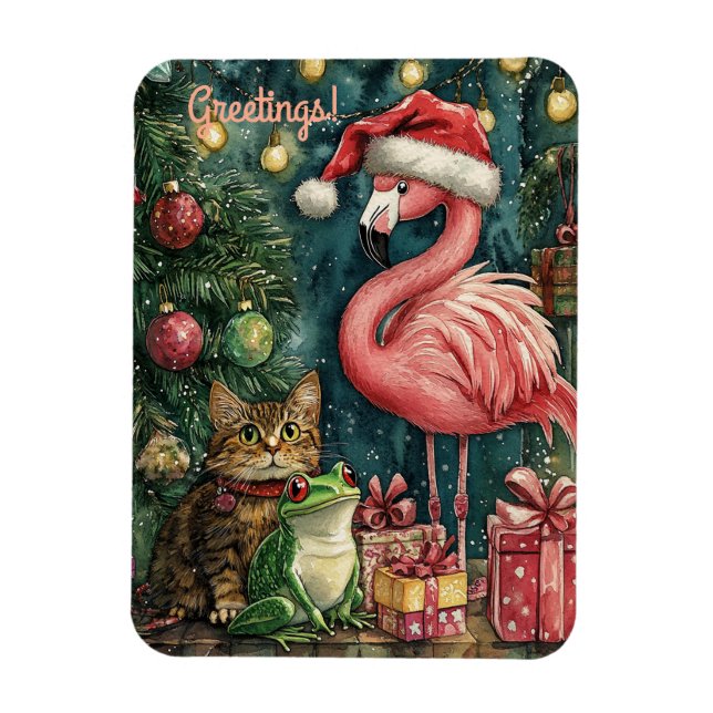 Rosa Flamingo Cat & Frog Tropisk jul Magnet (Vertikal)