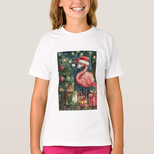 Rosa Flamingo Cat & Frog Tropisk jul T Shirt (Framsida)