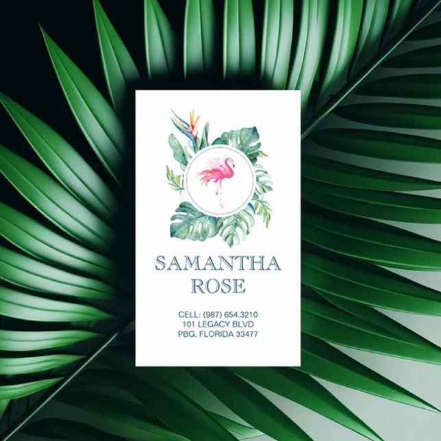 Rosa Flamingo Coastal Mamma Card Visitkort (Girly business cards feature watercolor pink flamingo & tropical palm leaf art Victoria Grigaliunas)