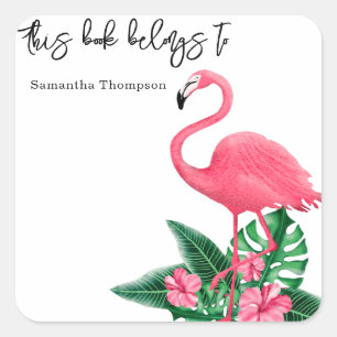 Rosa flamingo - den här boken tillhör fyrkantigt klistermärke