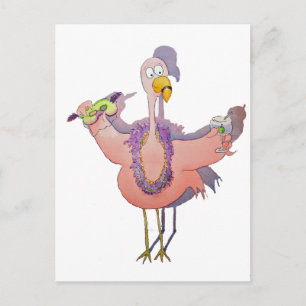 Rosa Flamingo Drink Mardi Gras Watercolor Paiting Vykort