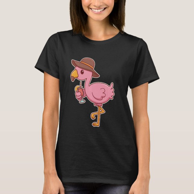 Rosa Flamingo Drinking Cocktail T Shirt (Framsida)