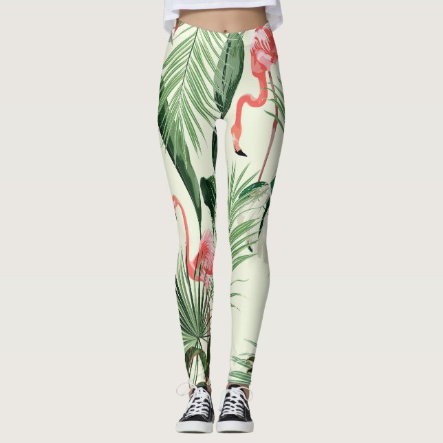 Rosa Flamingo Exotic Flowers Mönster Leggings (Framsida)