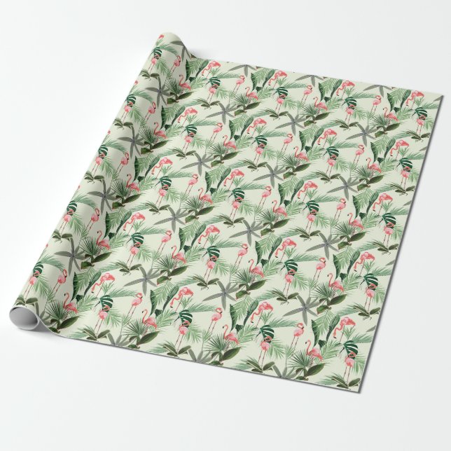 Rosa Flamingo Exotic Flowers Mönster Presentpapper (Utrullad)