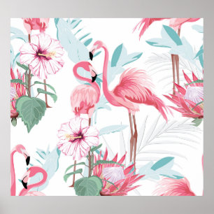 Rosa Flamingo: Exotic Flowers Seamless. Poster