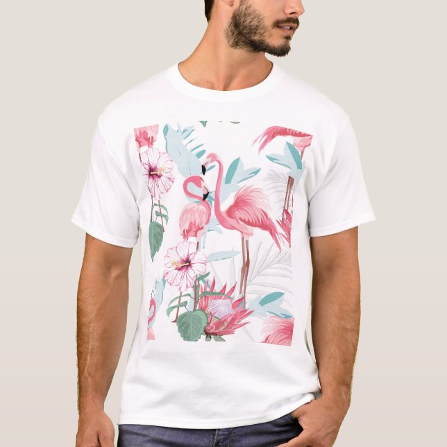 Rosa Flamingo: Exotic Flowers Seamless. T Shirt (Framsida)