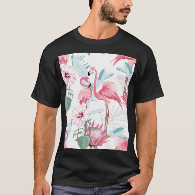 Rosa Flamingo: Exotic Flowers Seamless. T Shirt (Framsida)