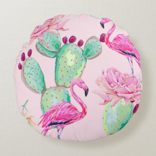 Rosa flamingo, exotiska fåglar, mjuka blommor, ro. rund kudde