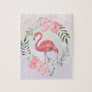 Rosa Flamingo, fågel, vattenfärg Pussel