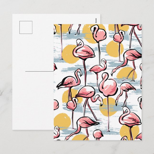 Rosa Flamingo (fåglar och solnedgång) | Tropical T Helg Vykort (Fram/baksida)