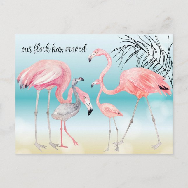 Rosa Flamingo Familj på Bokeh Beach Ny adress Meddelande Vykort (Framsida)