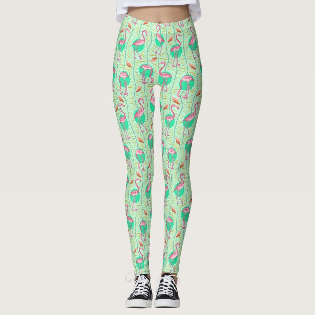 Rosa Flamingo Ferns Tropical Grönt Sommar Mönster Leggings (Framsida)